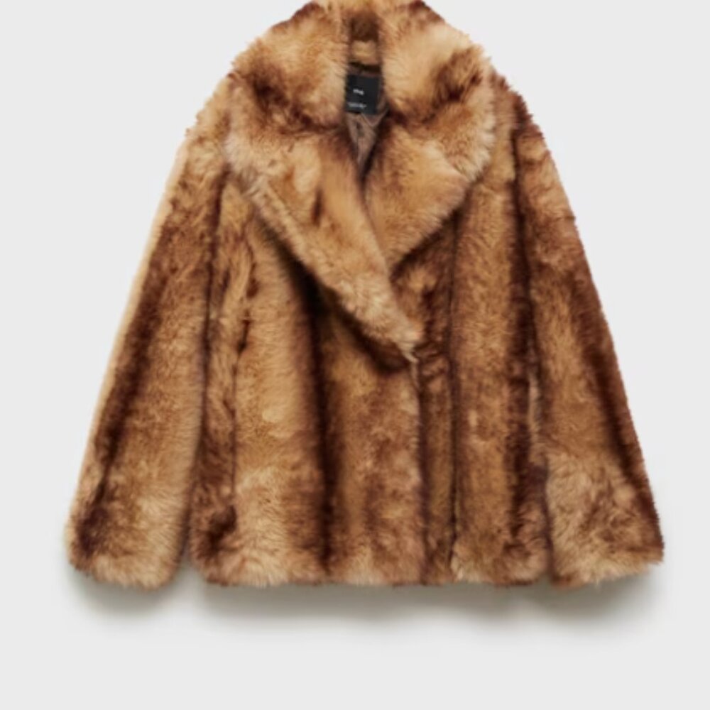MANGO Coat with fur-effect lapels NWT